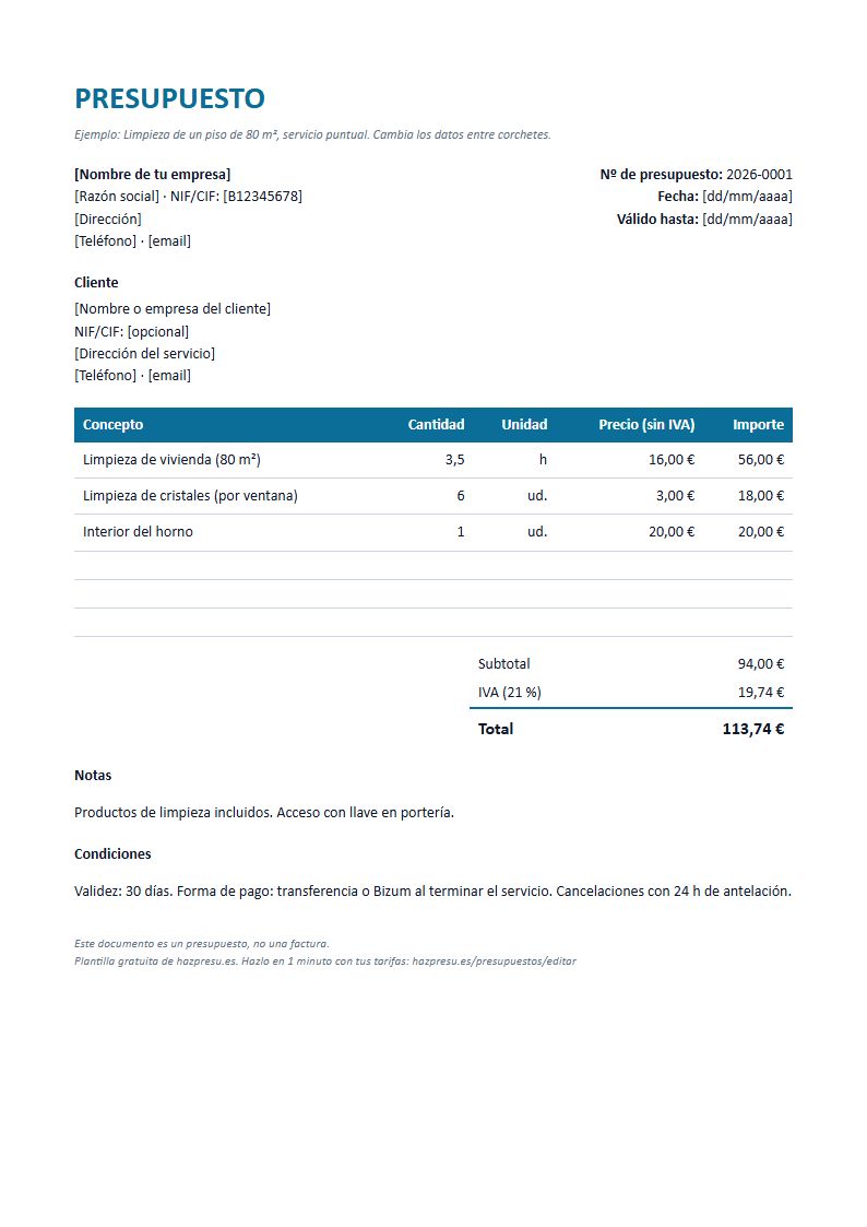 Plantilla de presupuesto de limpieza de vivienda con datos de la empresa, del cliente, líneas con horas y extras, subtotal, IVA del 21 % y total